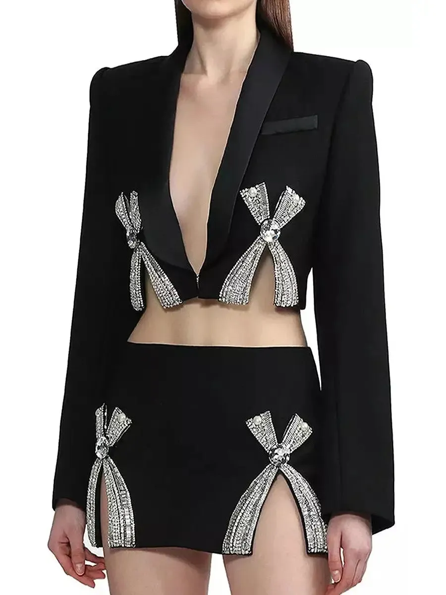 Women’s Bow-Embroidered Cropped Blazer and Mini Skirt Set in Black