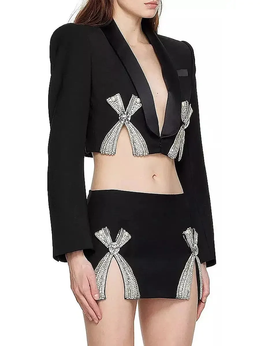 Women’s Bow-Embroidered Cropped Blazer and Mini Skirt Set in Black