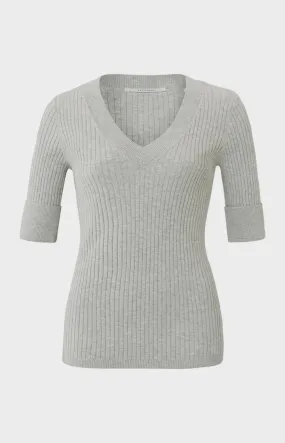 YAYA V-neck rib grey half slv sweater